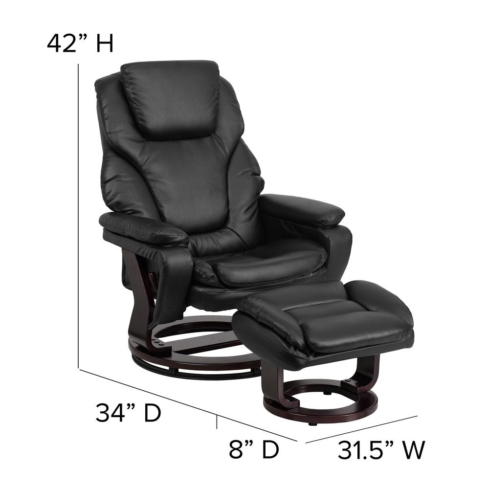 Contemporary Multi-Position Recliner and Ottoman with Swivel Mahogany Wood Base in Black LeatherSoft. Picture 2