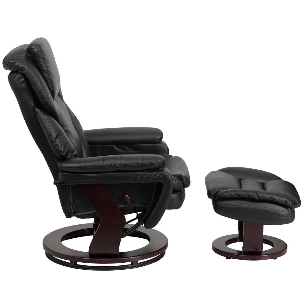 Contemporary Multi-Position Recliner and Ottoman with Swivel Mahogany Wood Base in Black LeatherSoft. Picture 3