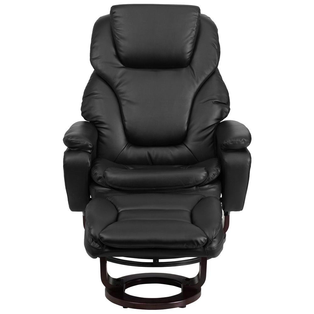 Contemporary Multi-Position Recliner and Ottoman with Swivel Mahogany Wood Base in Black LeatherSoft. Picture 5