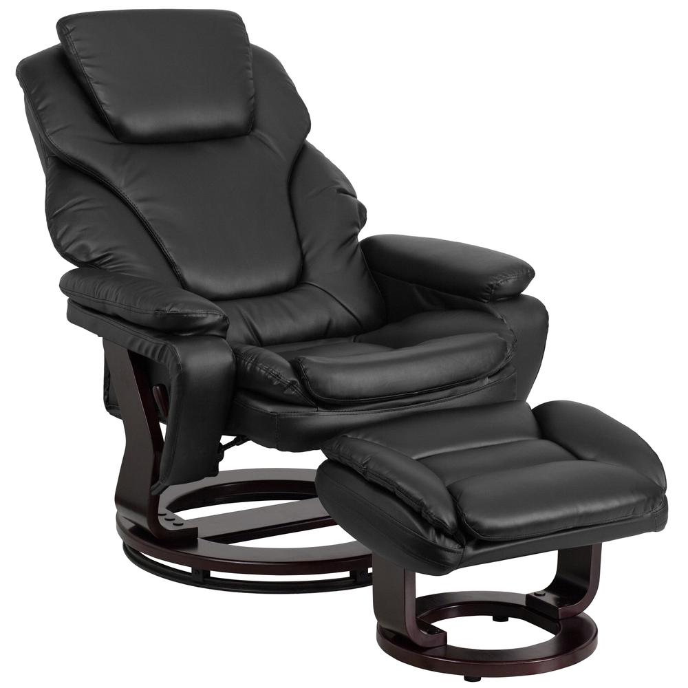 Contemporary Multi-Position Recliner and Ottoman with Swivel Mahogany Wood Base in Black LeatherSoft. Picture 6
