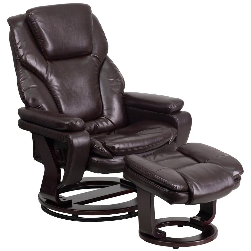 Contemporary Multi-Position Recliner and Ottoman with Swivel Mahogany Wood Base in Brown LeatherSoft. Picture 1