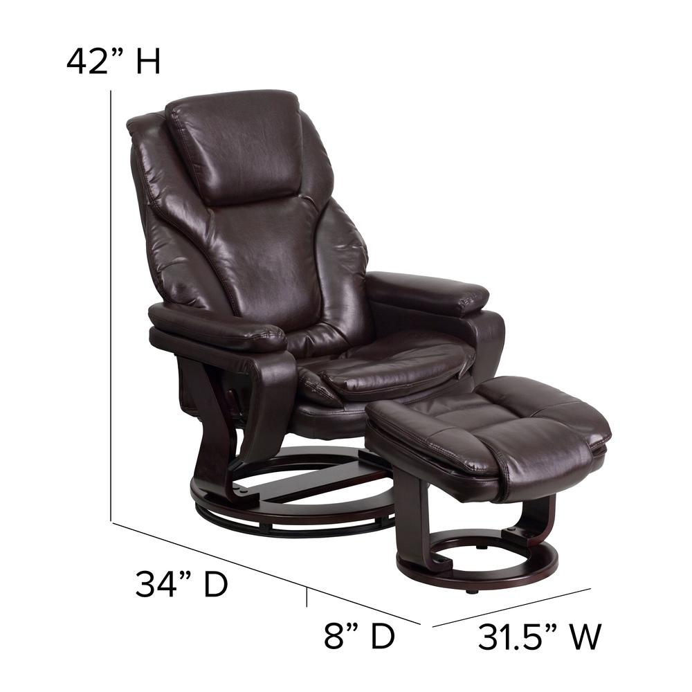 Contemporary Multi-Position Recliner and Ottoman with Swivel Mahogany Wood Base in Brown LeatherSoft. Picture 2
