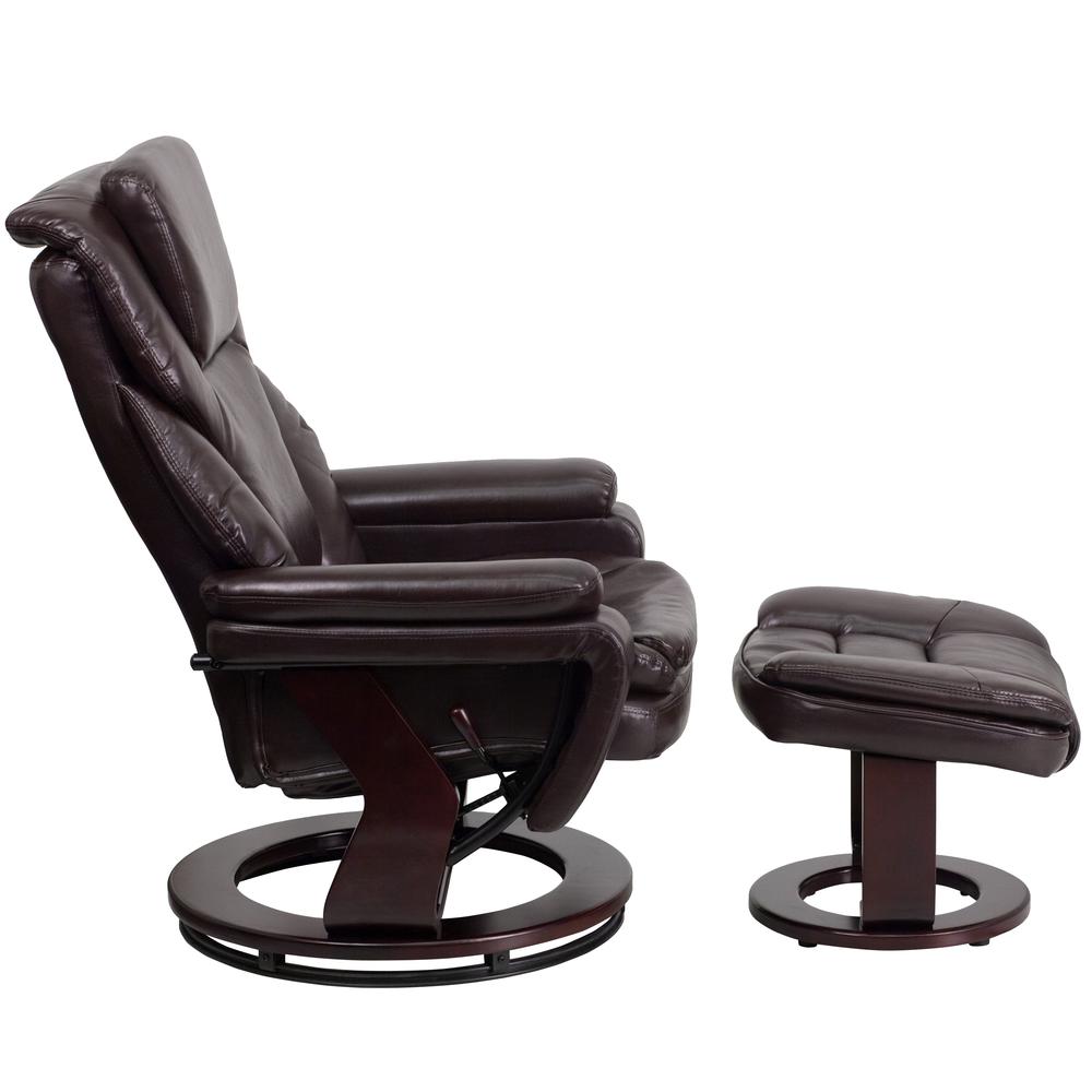 Contemporary Multi-Position Recliner and Ottoman with Swivel Mahogany Wood Base in Brown LeatherSoft. Picture 3