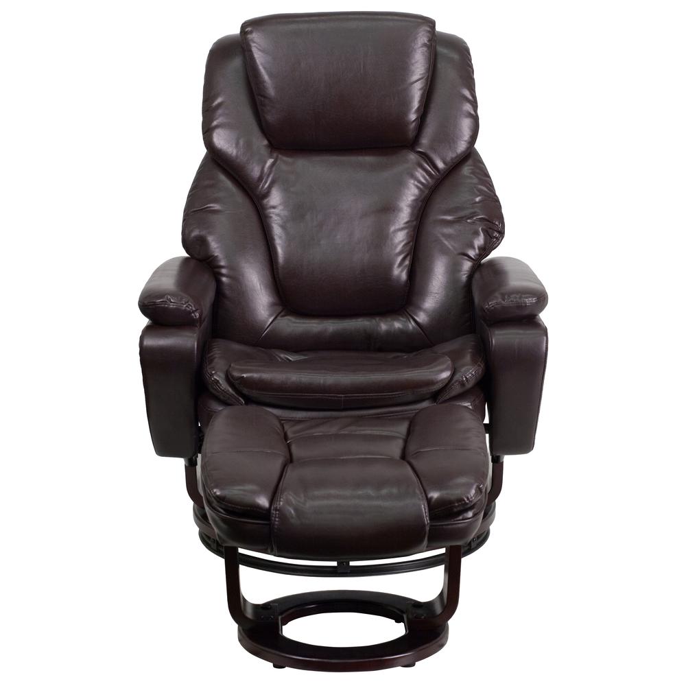 Contemporary Multi-Position Recliner and Ottoman with Swivel Mahogany Wood Base in Brown LeatherSoft. Picture 5