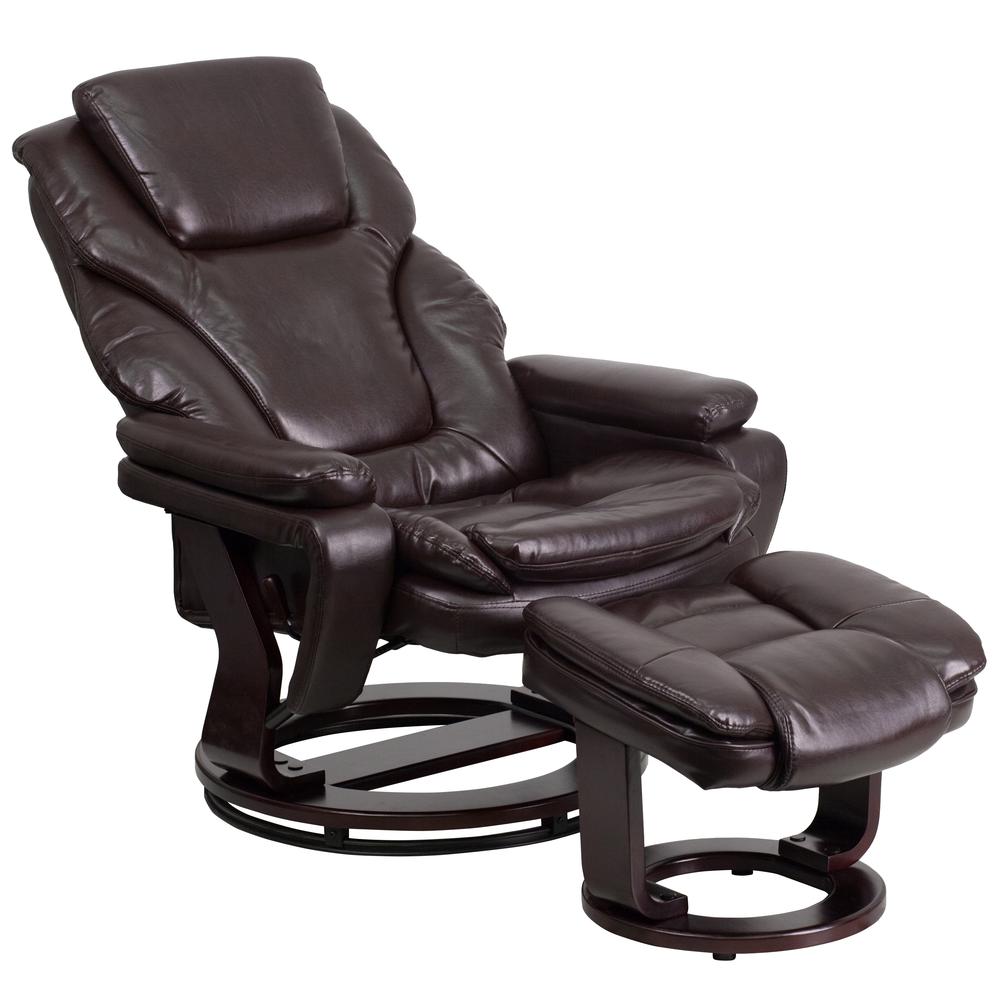 Contemporary Multi-Position Recliner and Ottoman with Swivel Mahogany Wood Base in Brown LeatherSoft. Picture 6