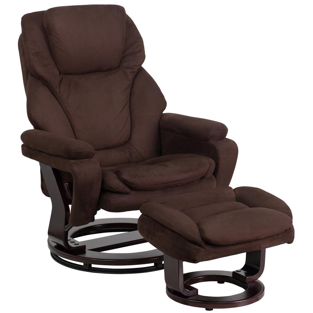 Contemporary Multi-Position Recliner and Ottoman with Swivel Mahogany Wood Base in Brown Microfiber. The main picture.