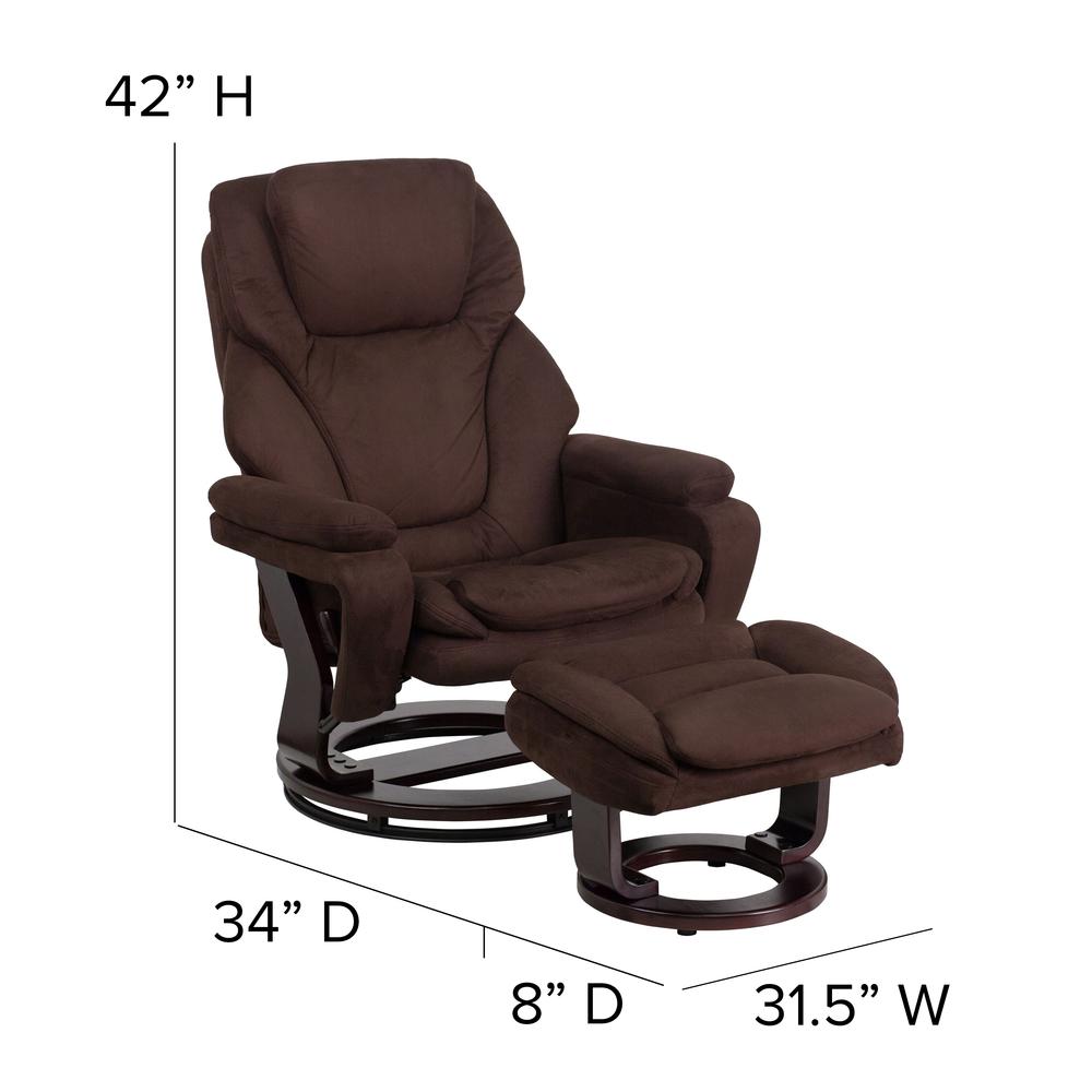 Contemporary Multi-Position Recliner and Ottoman with Swivel Mahogany Wood Base in Brown Microfiber. Picture 2