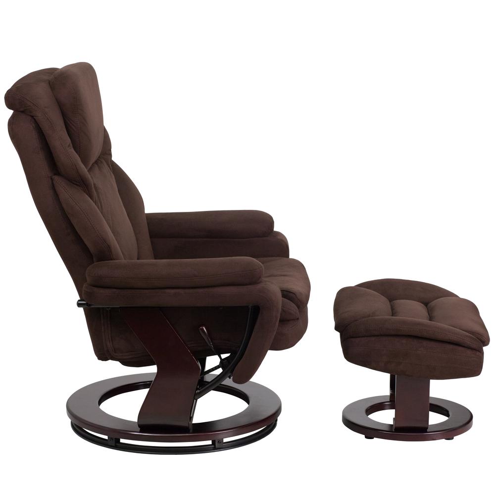 Contemporary Multi-Position Recliner and Ottoman with Swivel Mahogany Wood Base in Brown Microfiber. Picture 3