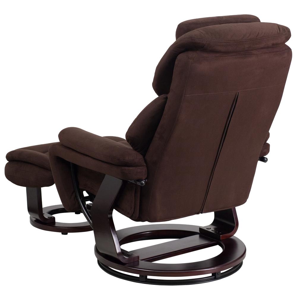 Contemporary Multi-Position Recliner and Ottoman with Swivel Mahogany Wood Base in Brown Microfiber. Picture 4