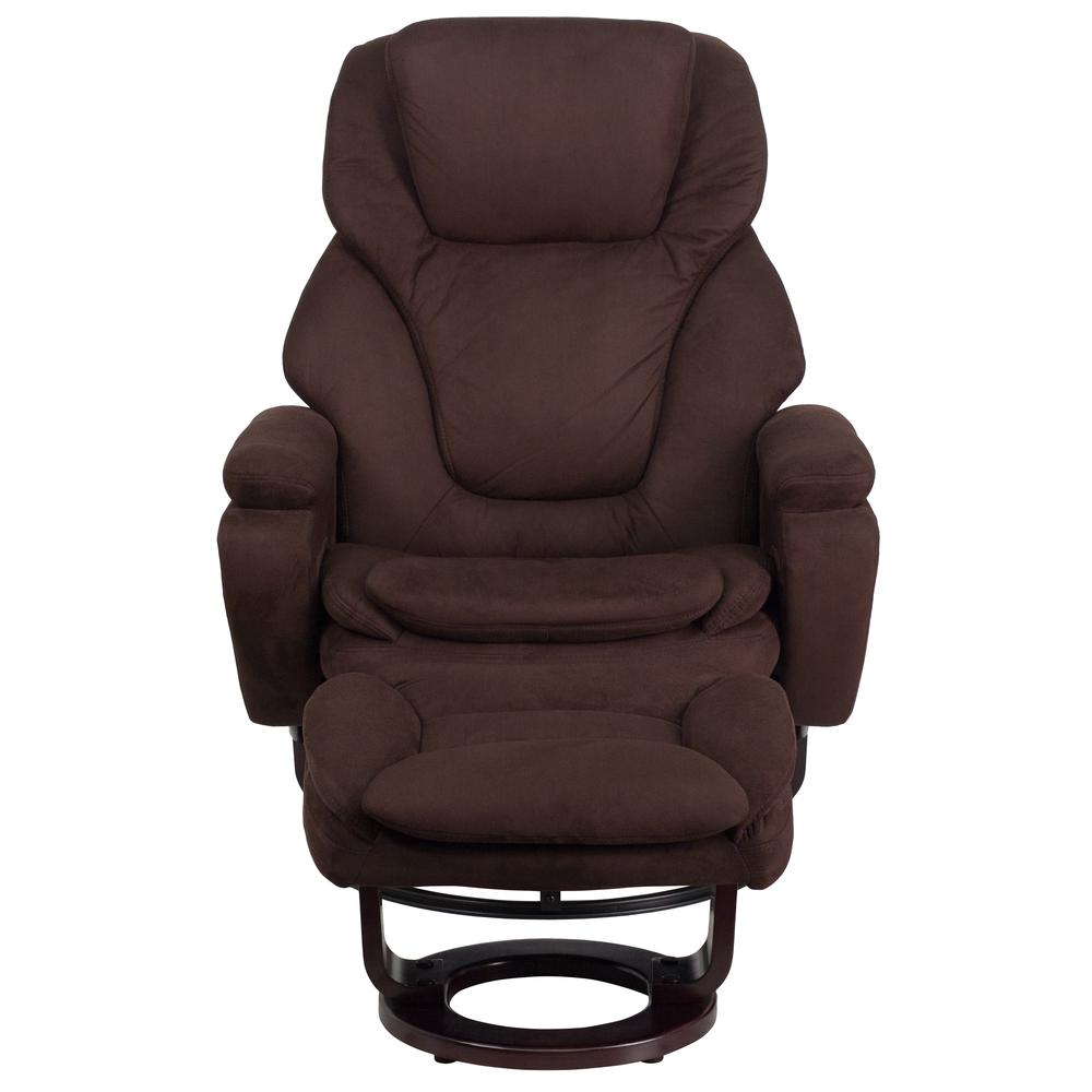 Contemporary Multi-Position Recliner and Ottoman with Swivel Mahogany Wood Base in Brown Microfiber. Picture 5