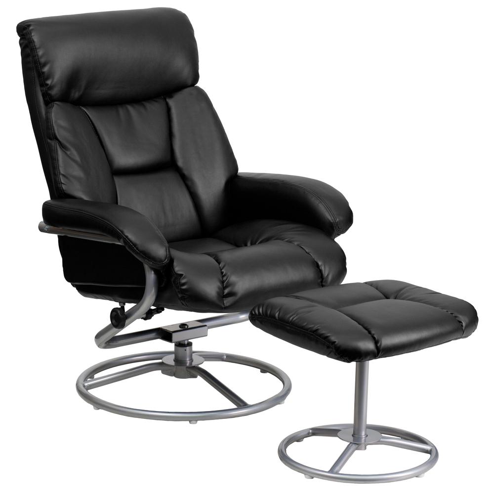 Contemporary Multi-Position Recliner and Ottoman with Metal Base in Black LeatherSoft. Picture 1