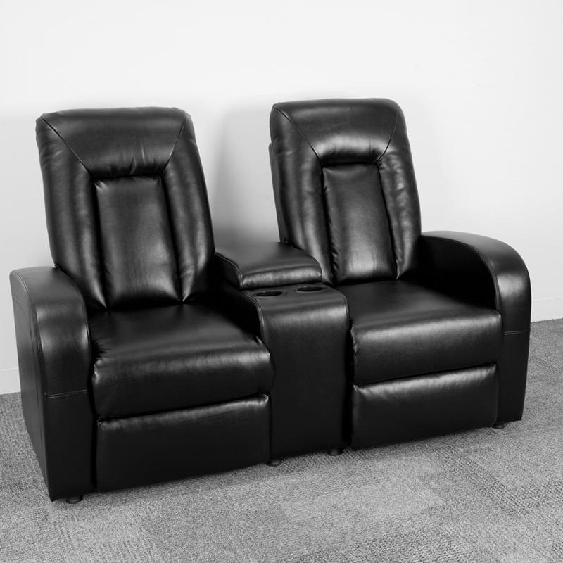 Eclipse Series 2-Seat Push Button Motorized Reclining Black LeatherSoft Theater Seating Unit with Cup Holders. Picture 3