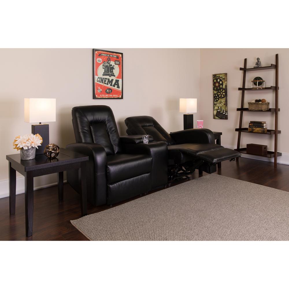 Eclipse Series 2-Seat Push Button Motorized Reclining Black LeatherSoft Theater Seating Unit with Cup Holders. Picture 2
