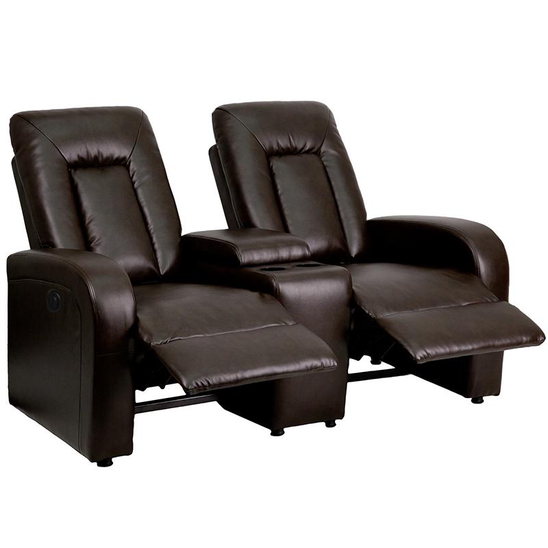 Eclipse Series 2-Seat Push Button Motorized Reclining Brown LeatherSoft Theater Seating Unit with Cup Holders. Picture 1