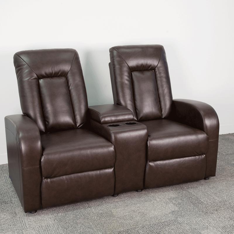 Eclipse Series 2-Seat Push Button Motorized Reclining Brown LeatherSoft Theater Seating Unit with Cup Holders. Picture 3