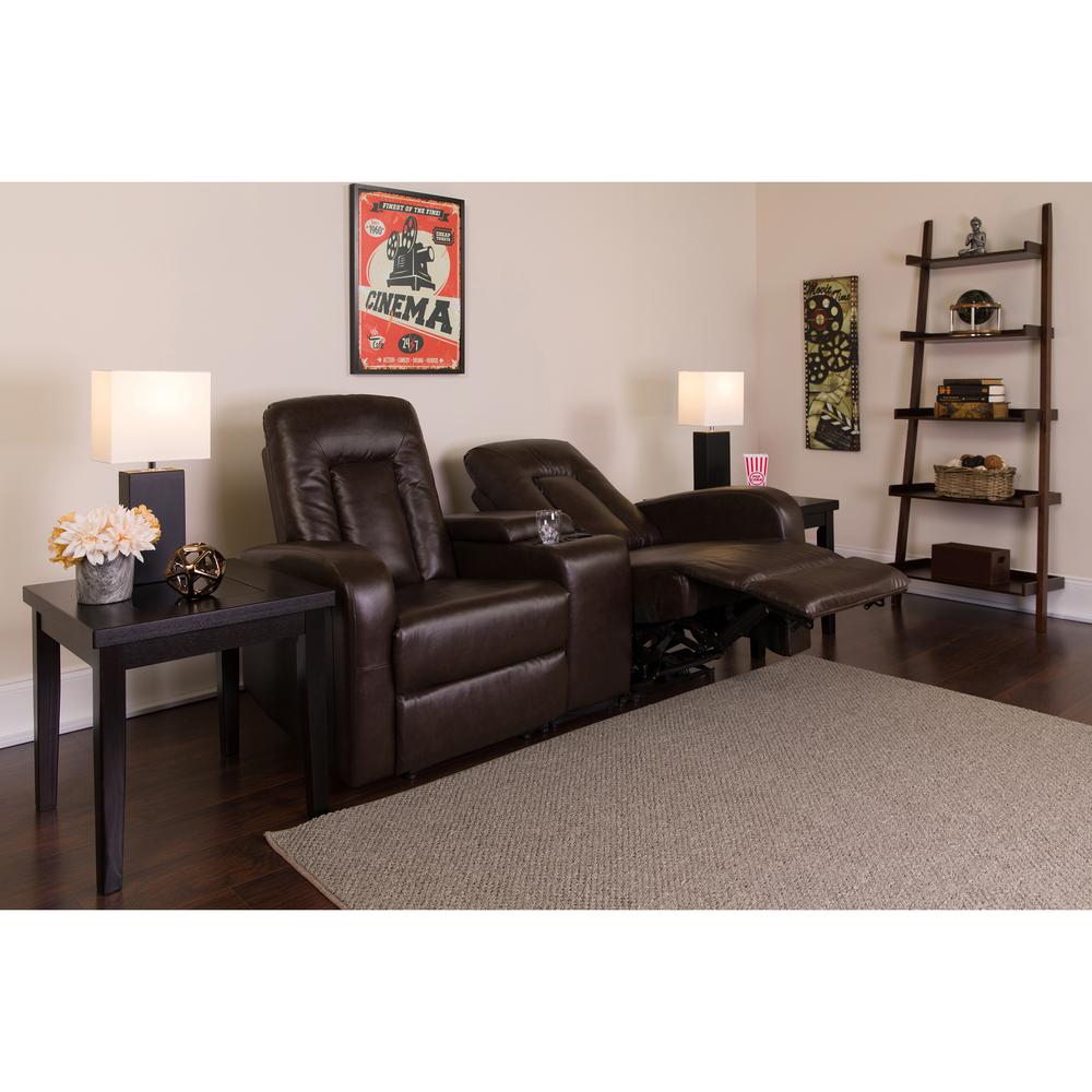 Eclipse Series 2-Seat Push Button Motorized Reclining Brown LeatherSoft Theater Seating Unit with Cup Holders. Picture 2