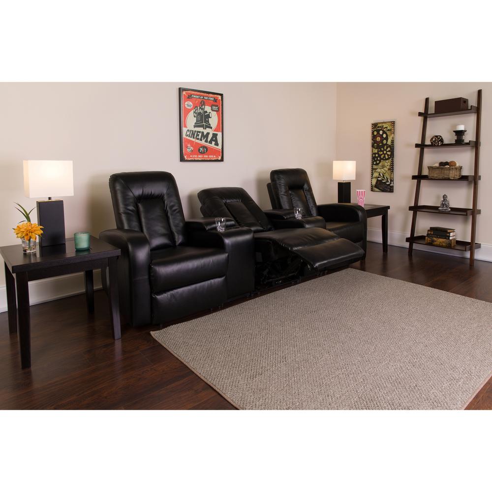 Eclipse Series 3-Seat Reclining Black LeatherSoft Theater Seating Unit with Cup Holders. Picture 2