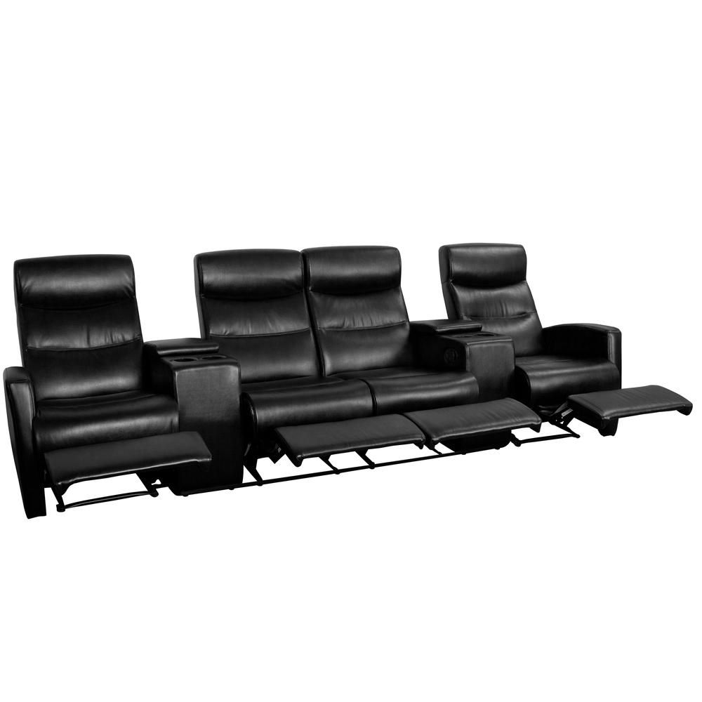 4-Seat Reclining Black LeatherSoft Theater Seating Unit with Cup Holders. Picture 1