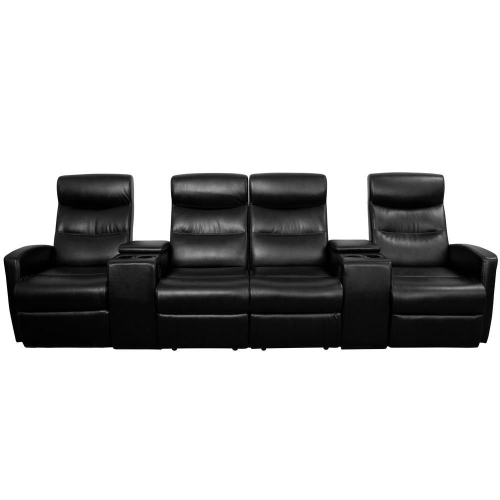4-Seat Reclining Black LeatherSoft Theater Seating Unit with Cup Holders. Picture 2