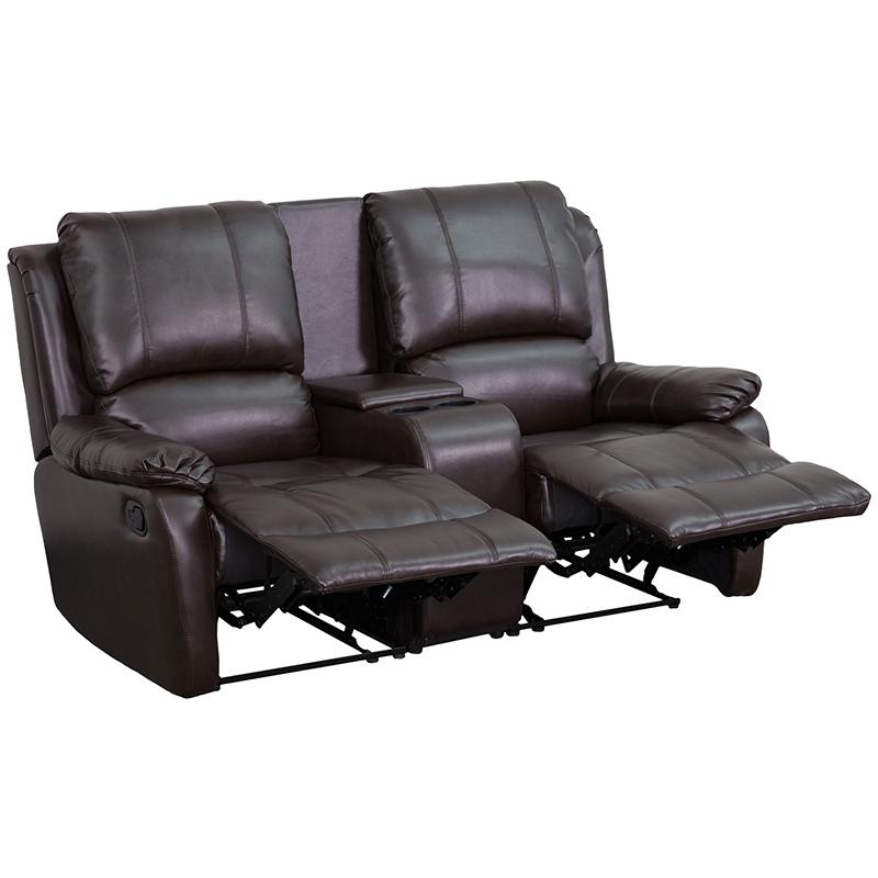 Allure Series 2-Seat Reclining Pillow Back Brown LeatherSoft Theater Seating Unit with Cup Holders. Picture 1