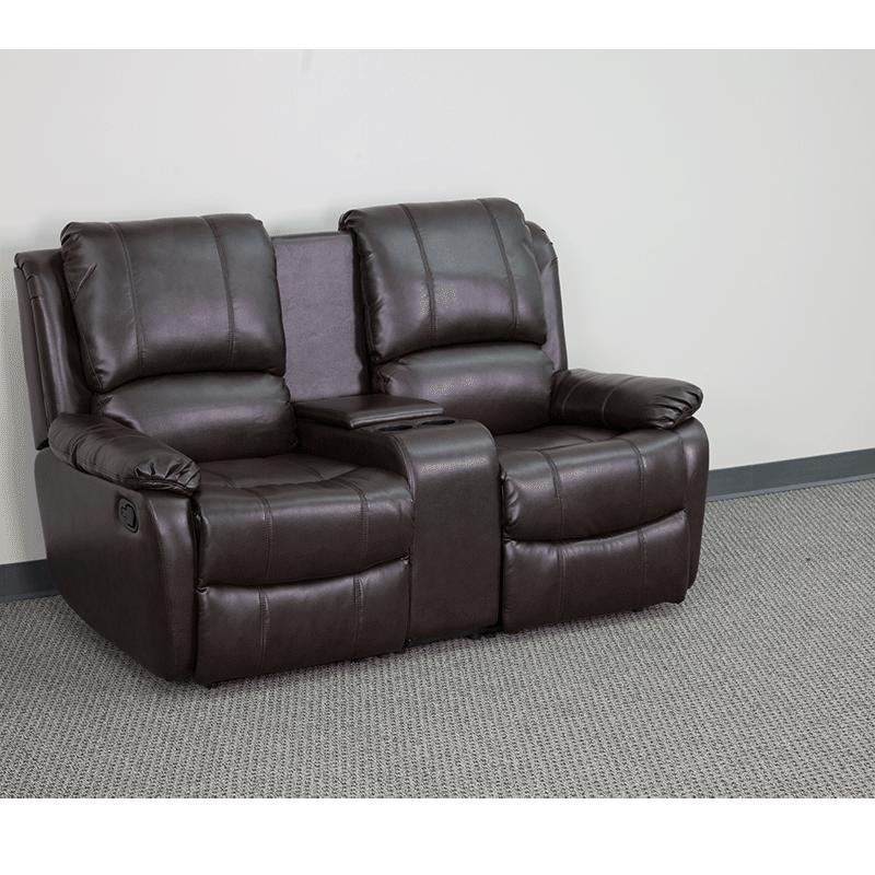 Allure Series 2-Seat Reclining Pillow Back Brown LeatherSoft Theater Seating Unit with Cup Holders. Picture 3