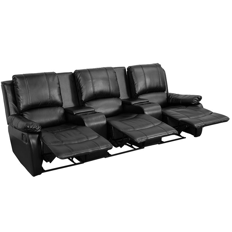 Allure Series 3-Seat Reclining Pillow Back Black LeatherSoft Theater Seating Unit with Cup Holders. The main picture.