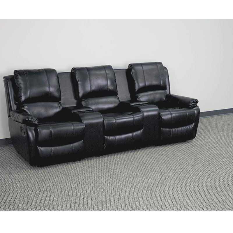 3-Seat Reclining Pillow Back Black Theater Seating Unit with Cup Holders. Picture 3