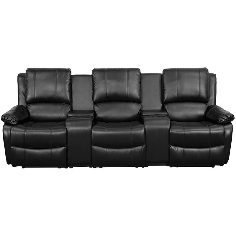 Allure Series 3-Seat Reclining Pillow Back Black LeatherSoft Theater Seating Unit with Cup Holders. Picture 4