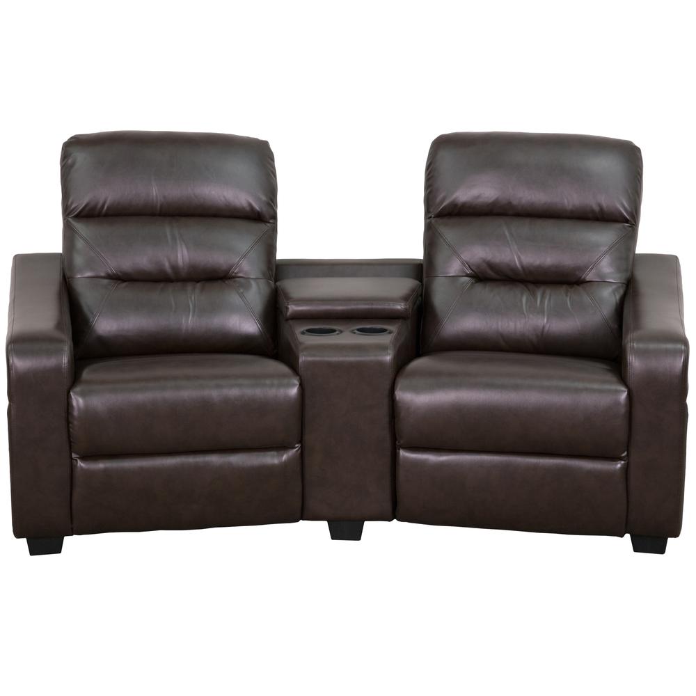 2-Seat Reclining Brown LeatherSoft Tufted Bustle Back Theater Seating Unit with Cup Holders. Picture 2