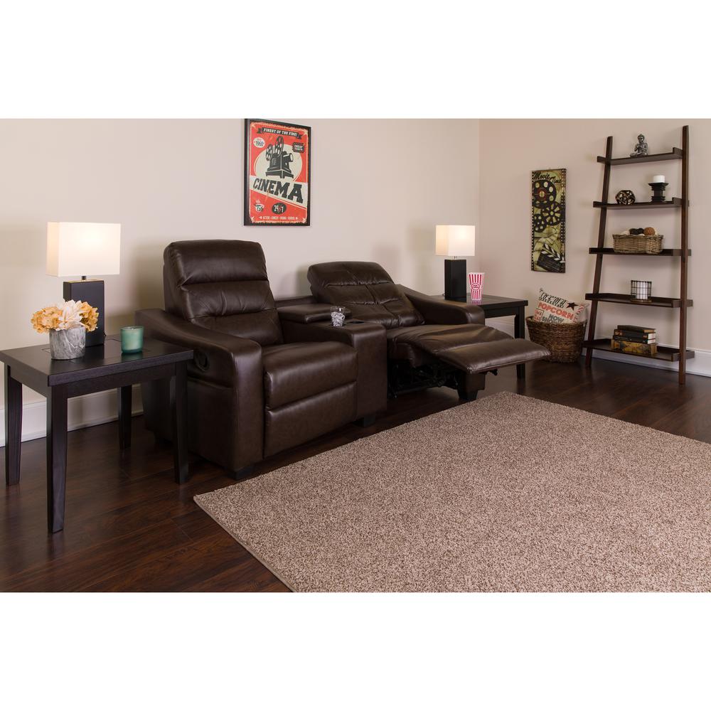 2-Seat Reclining Brown LeatherSoft Tufted Bustle Back Theater Seating Unit with Cup Holders. Picture 3
