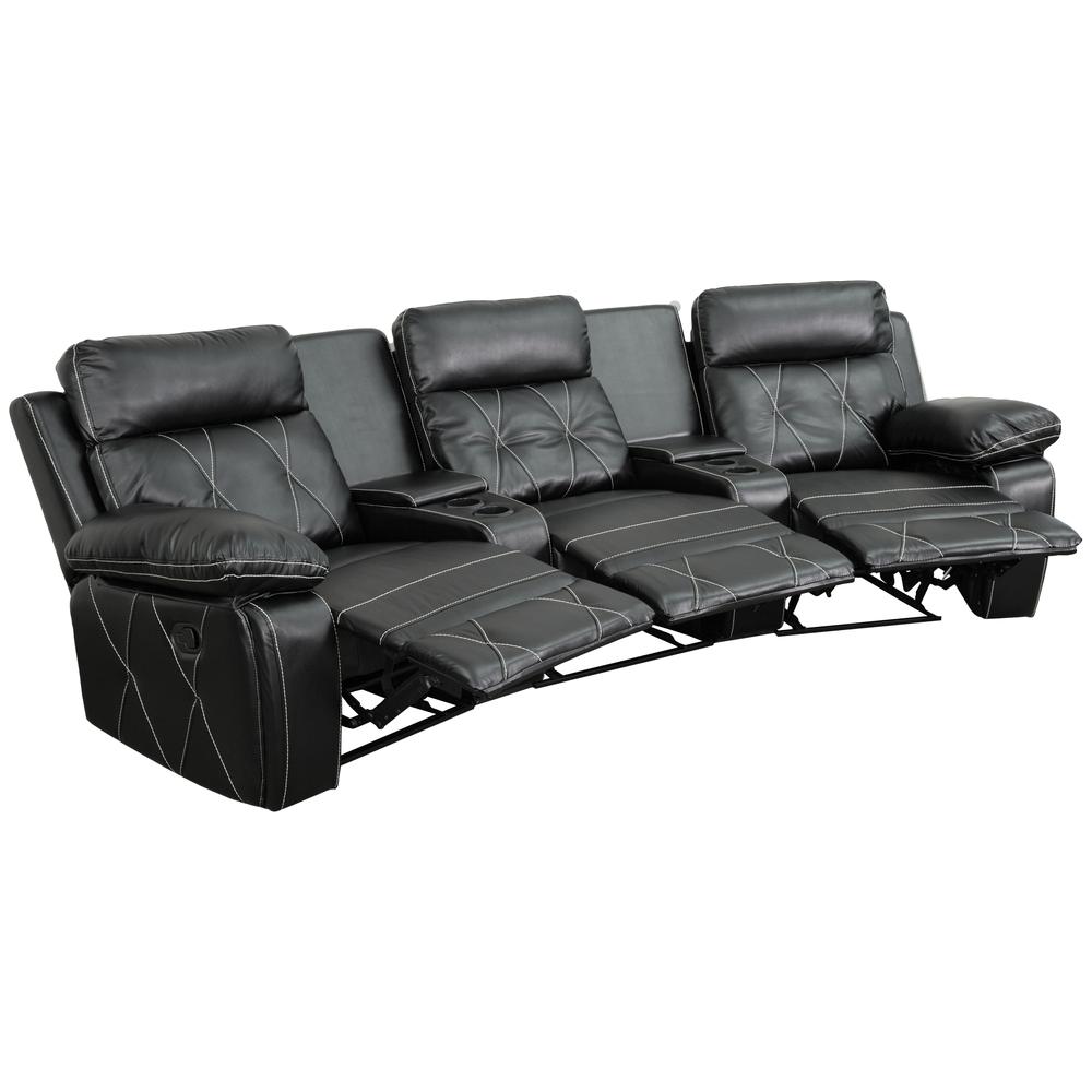 3-Seat Reclining Black LeatherSoft Theater Seating Unit with Curved Cup Holders. Picture 1