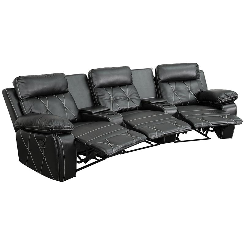 Reel Comfort Series 3-Seat Reclining Black LeatherSoft Theater Seating Unit with Curved Cup Holders. Picture 1
