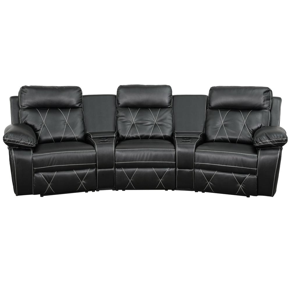 3-Seat Reclining Black LeatherSoft Theater Seating Unit with Curved Cup Holders. Picture 2