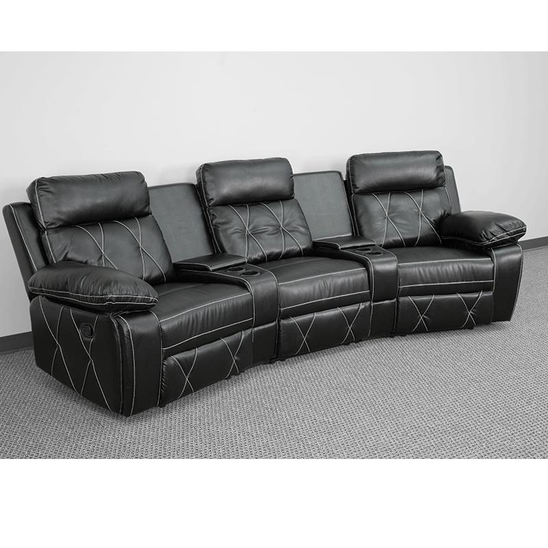 Reel Comfort Series 3-Seat Reclining Black LeatherSoft Theater Seating Unit with Curved Cup Holders. Picture 3