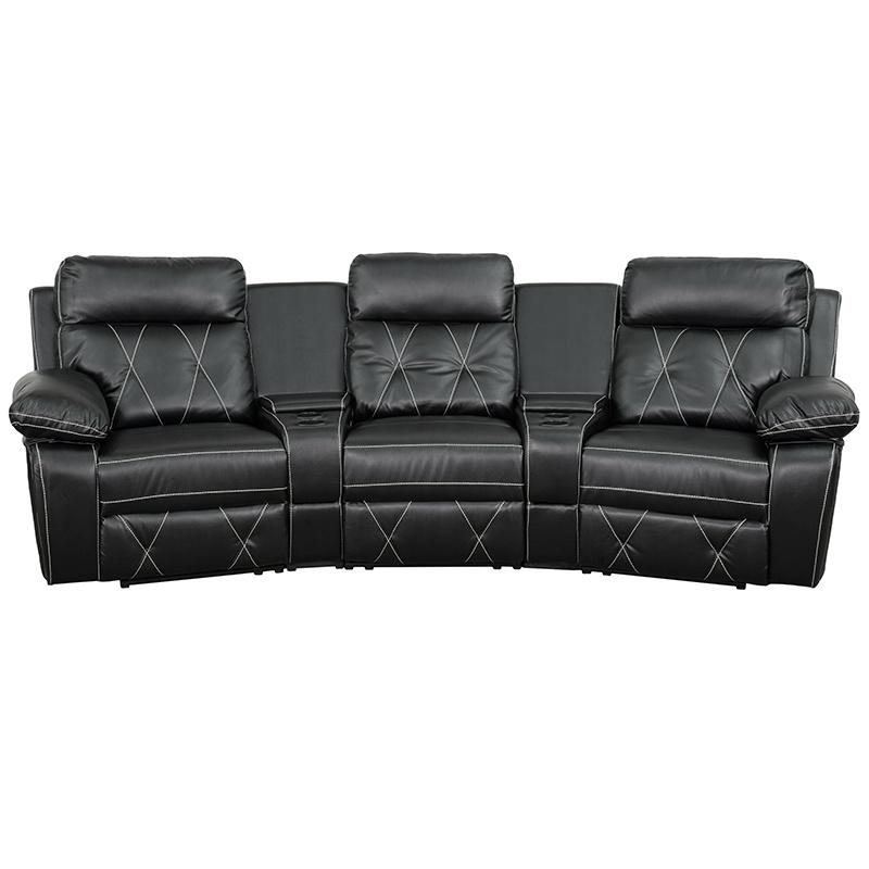 Reel Comfort Series 3-Seat Reclining Black LeatherSoft Theater Seating Unit with Curved Cup Holders. Picture 4