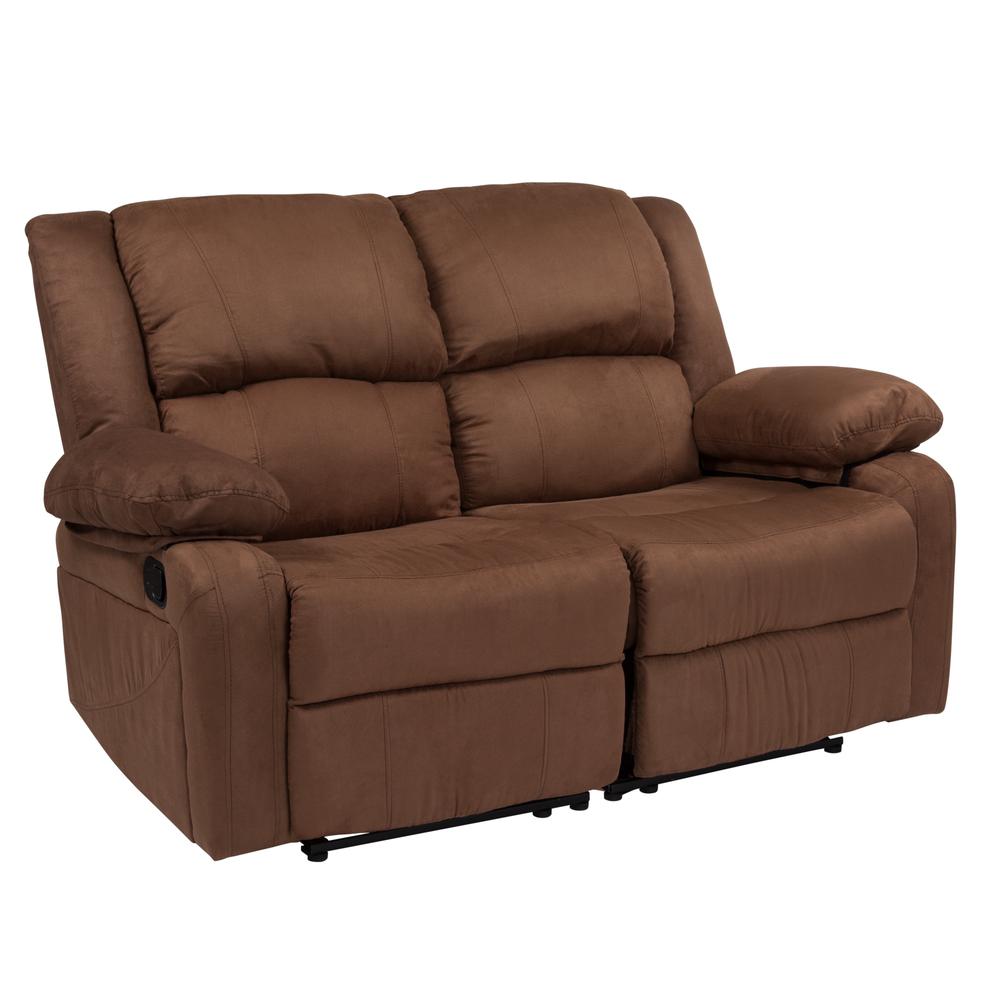 Harmony Series Chocolate Brown Microfiber Loveseat with Two Built-In Recliners. Picture 1