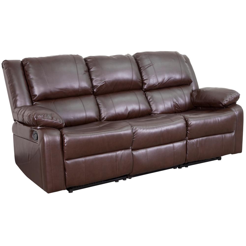 Brown LeatherSoft Sofa with Two Built-In Recliners. The main picture.