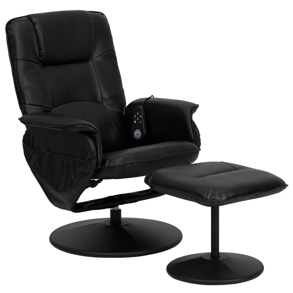 Massaging Adjustable Recliner with Deep Side Pockets and Ottoman with Wrapped Base in Black LeatherSoft. Picture 1