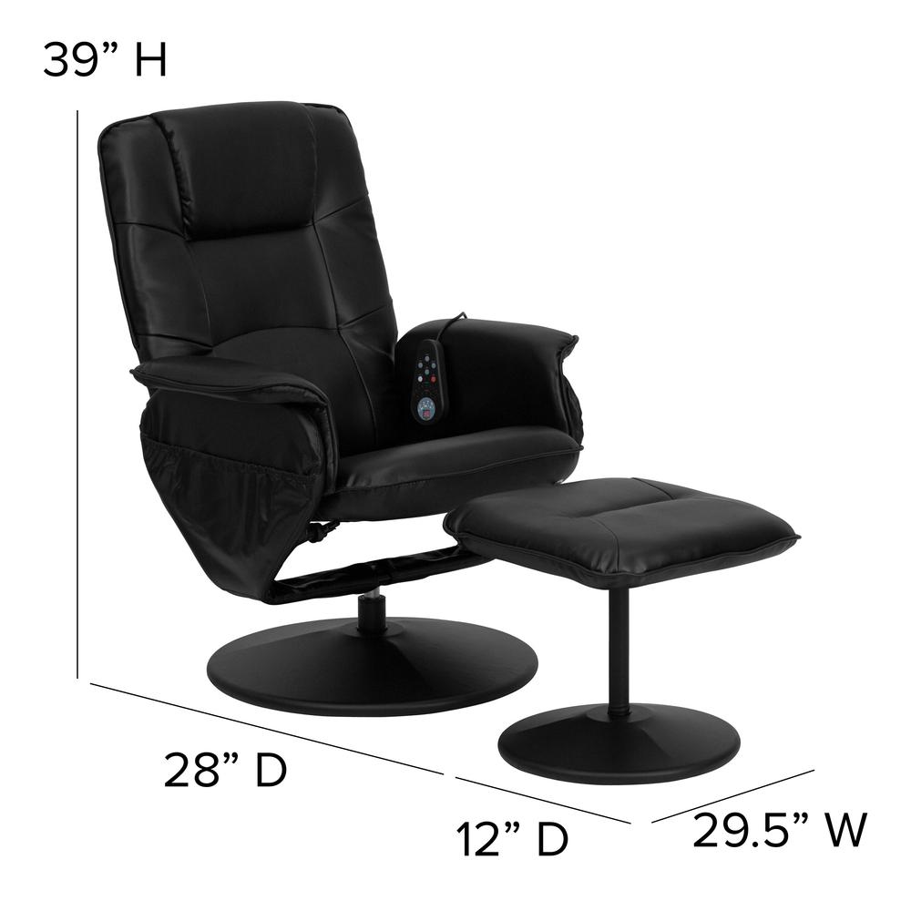 Massaging Adjustable Recliner with Deep Side Pockets and Ottoman with Wrapped Base in Black LeatherSoft. Picture 2