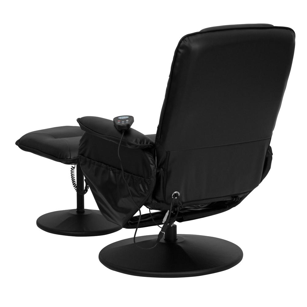 Massaging Adjustable Recliner with Deep Side Pockets and Ottoman with Wrapped Base in Black LeatherSoft. Picture 4