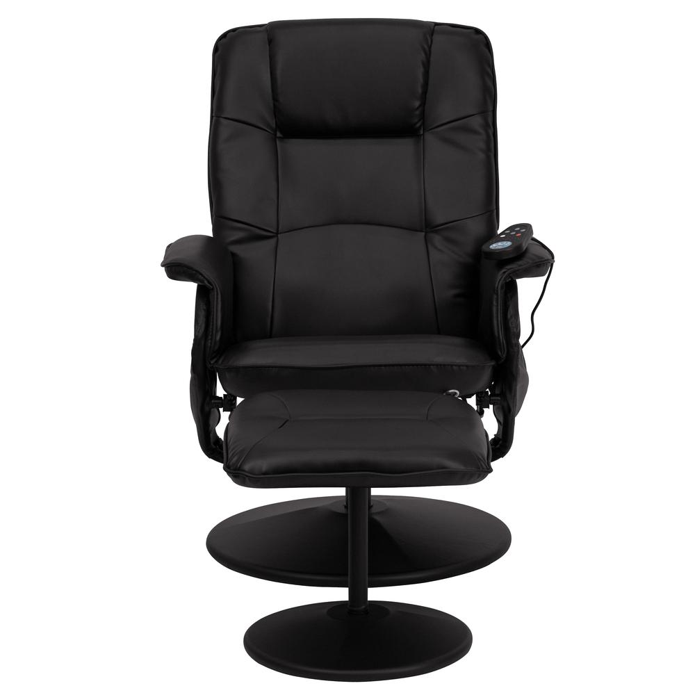 Massaging Adjustable Recliner with Deep Side Pockets and Ottoman with Wrapped Base in Black LeatherSoft. Picture 5
