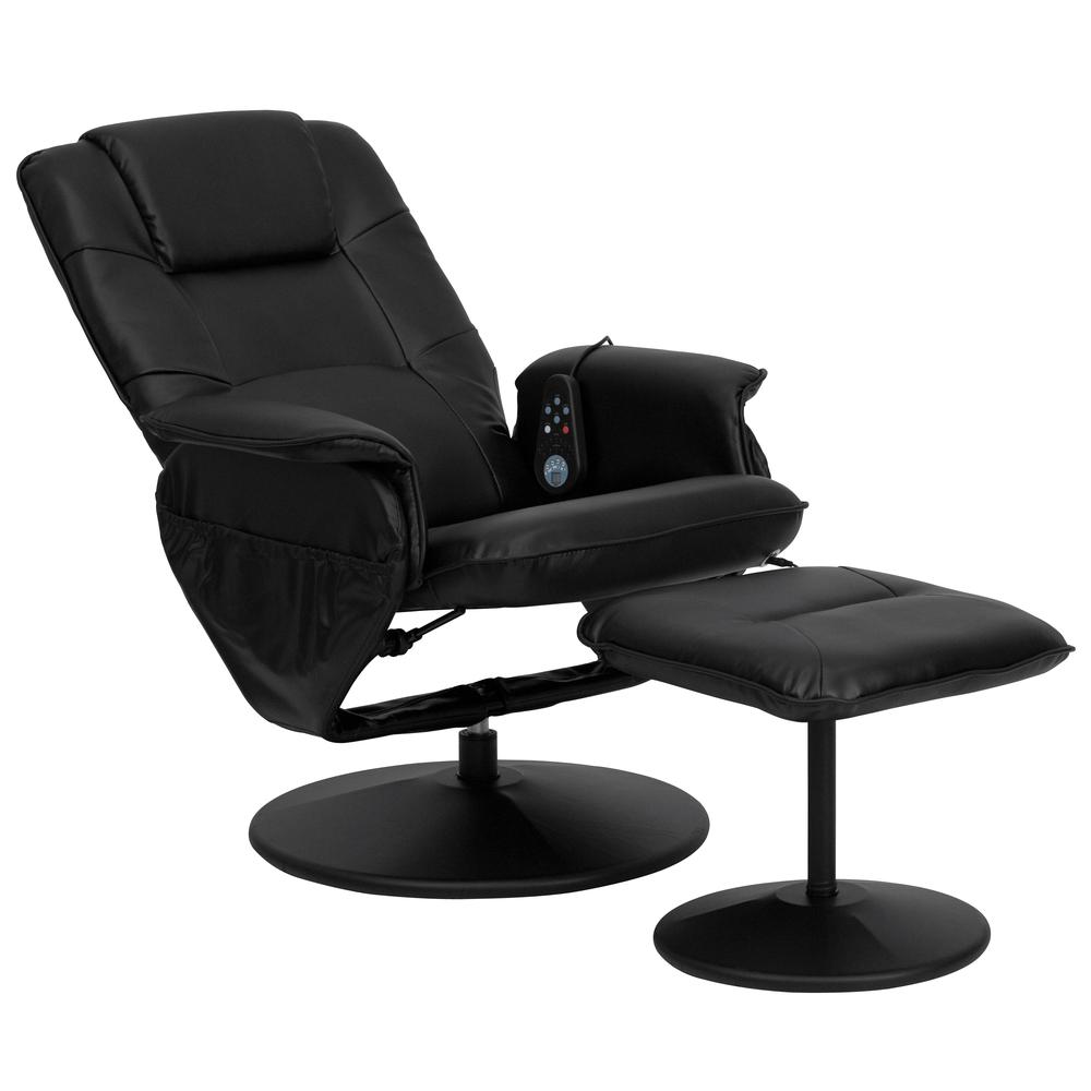 Massaging Adjustable Recliner with Deep Side Pockets and Ottoman with Wrapped Base in Black LeatherSoft. Picture 6