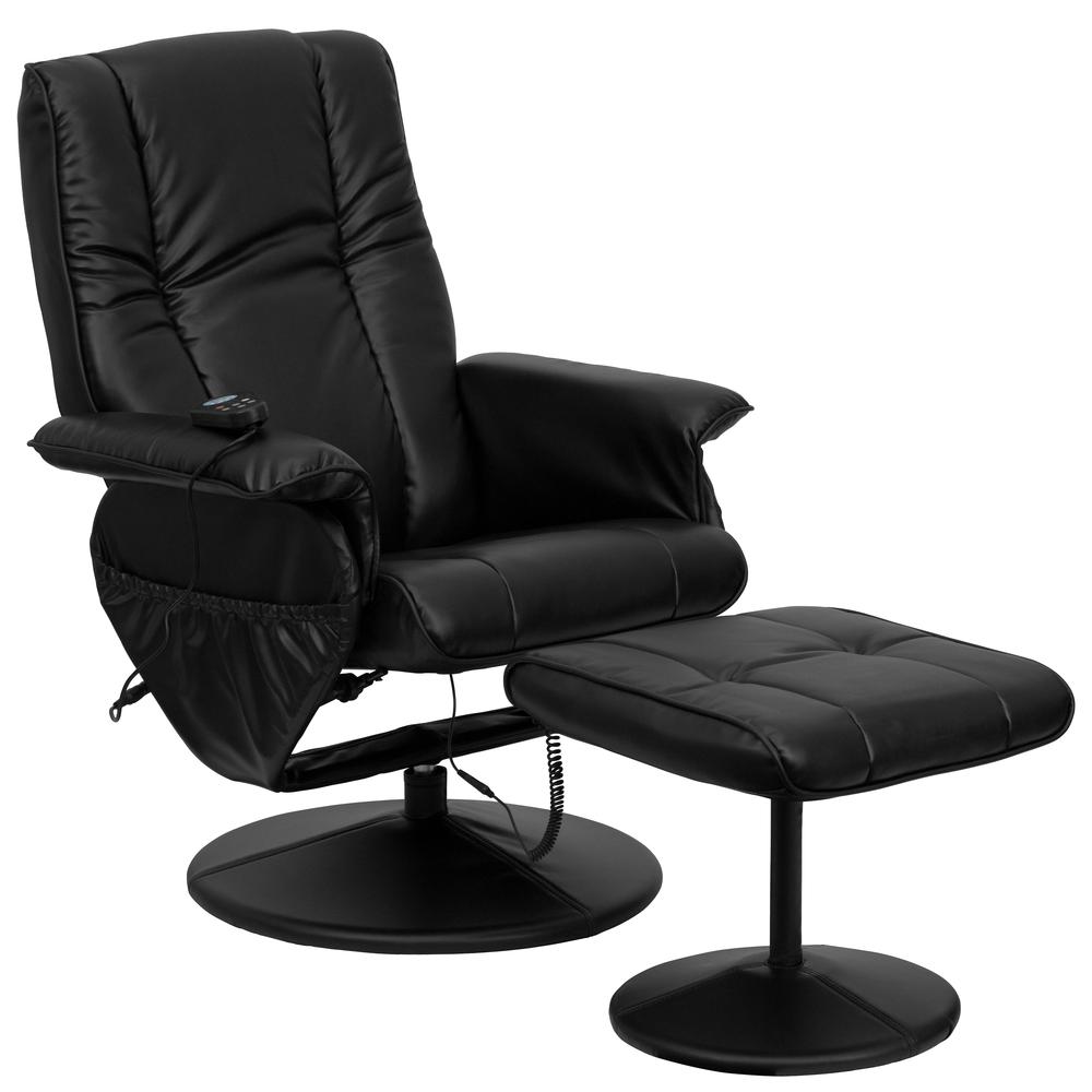 Massaging Heat Controlled Adjustable Recliner and Ottoman with Wrapped Base in Black LeatherSoft. Picture 1