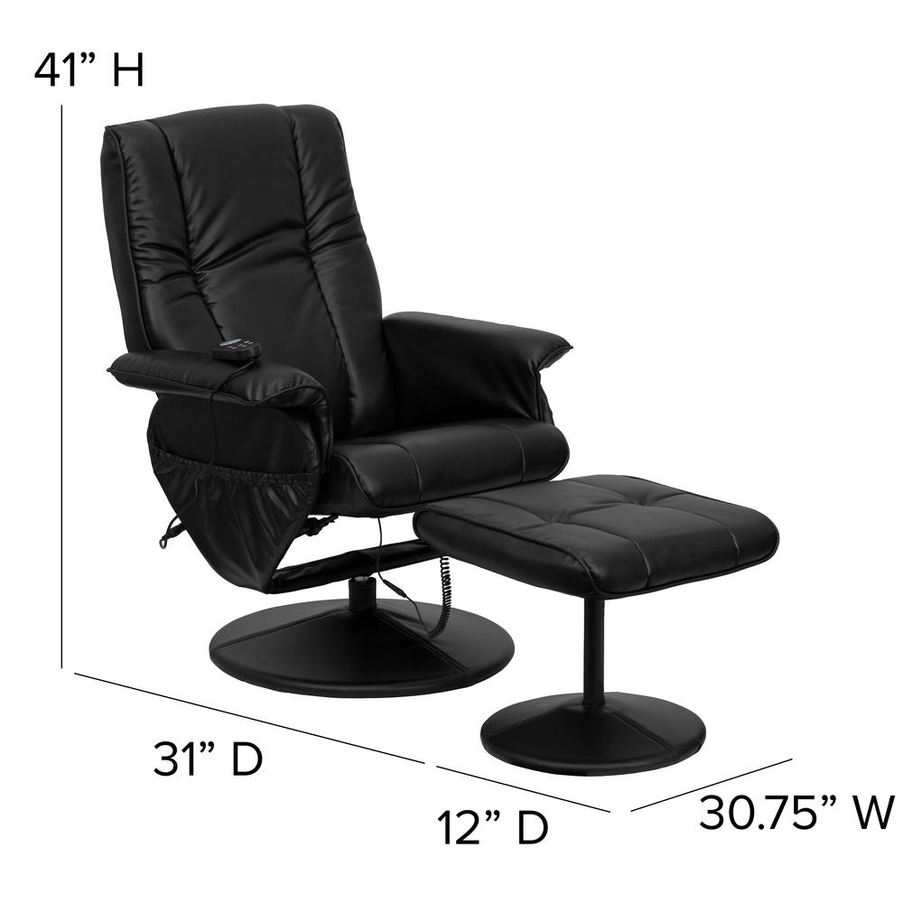 Massaging Heat Controlled Adjustable Recliner and Ottoman with Wrapped Base in Black LeatherSoft. Picture 2