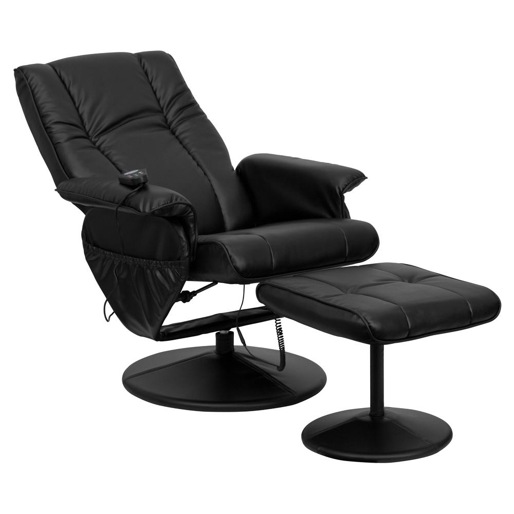 Massaging Heat Controlled Adjustable Recliner and Ottoman with Wrapped Base in Black LeatherSoft. Picture 6