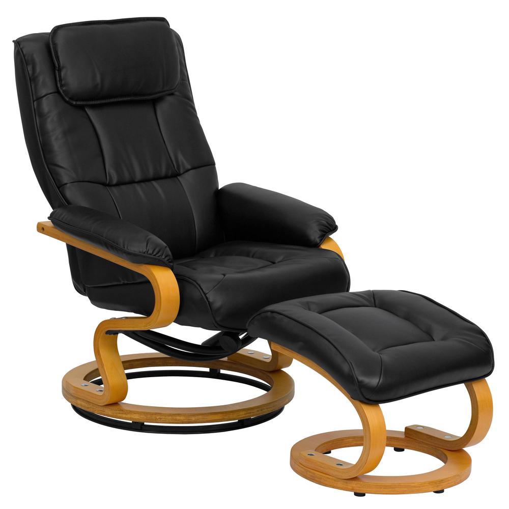 Contemporary Adjustable Recliner and Ottoman with Swivel Maple Wood Base in Black LeatherSoft. Picture 1