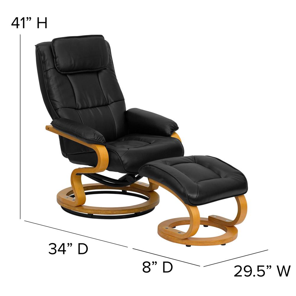 Contemporary Adjustable Recliner and Ottoman with Swivel Maple Wood Base in Black LeatherSoft. Picture 2