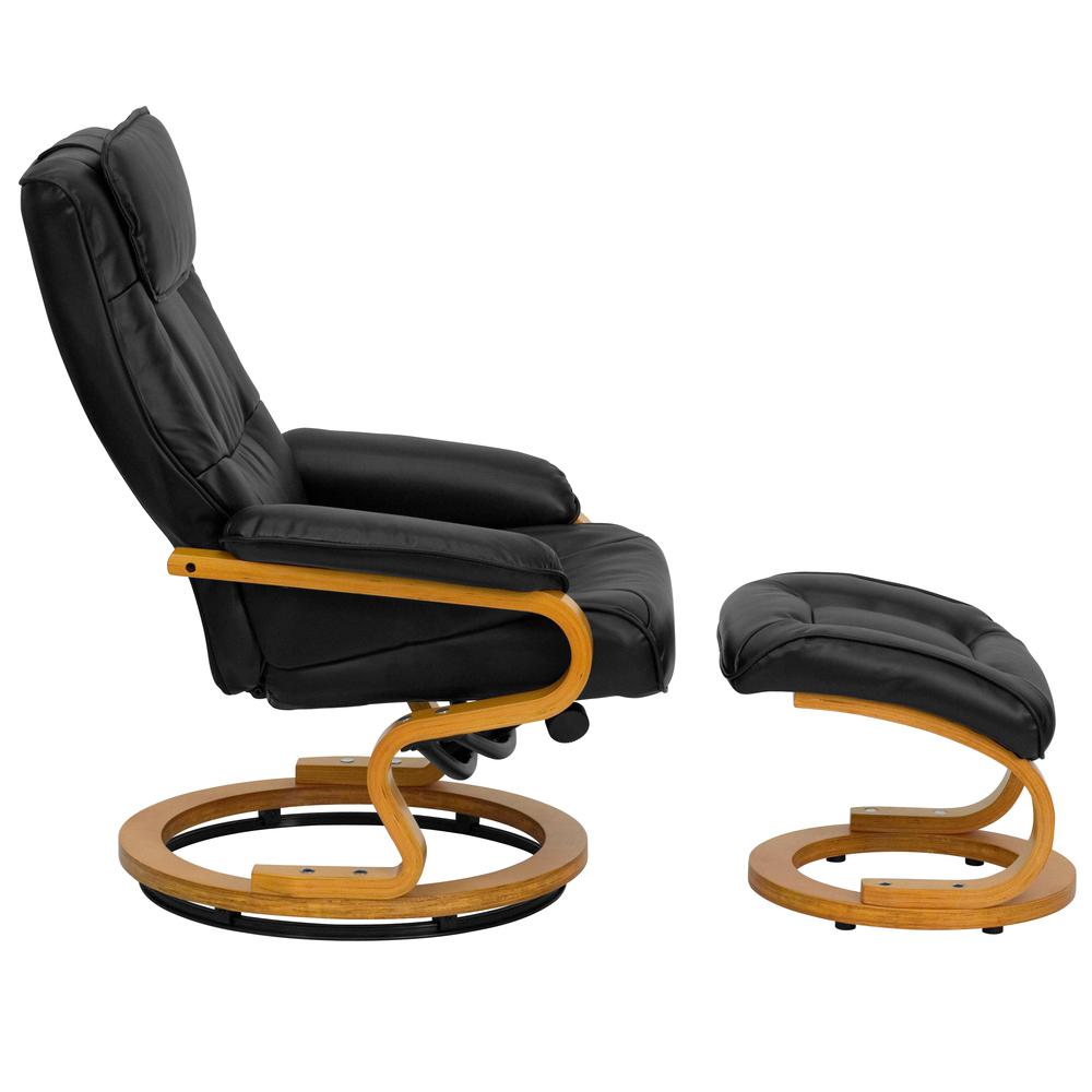 Contemporary Adjustable Recliner and Ottoman with Swivel Maple Wood Base in Black LeatherSoft. Picture 3