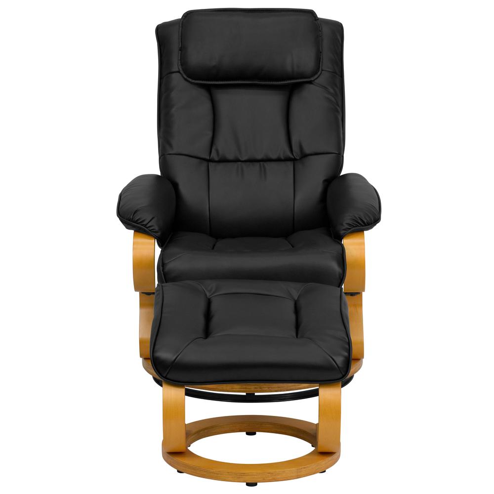 Contemporary Adjustable Recliner and Ottoman with Swivel Maple Wood Base in Black LeatherSoft. Picture 5