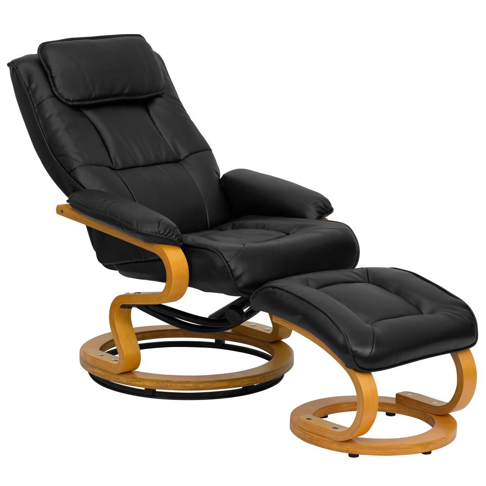 Contemporary Adjustable Recliner and Ottoman with Swivel Maple Wood Base in Black LeatherSoft. Picture 6
